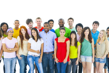 ethnically diverse group of twenty young adults in casual clothing on white background